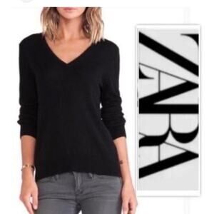 Zara Women's Tighter Fit Cashmere Wool Black V Neck Sweater Knit Size Small